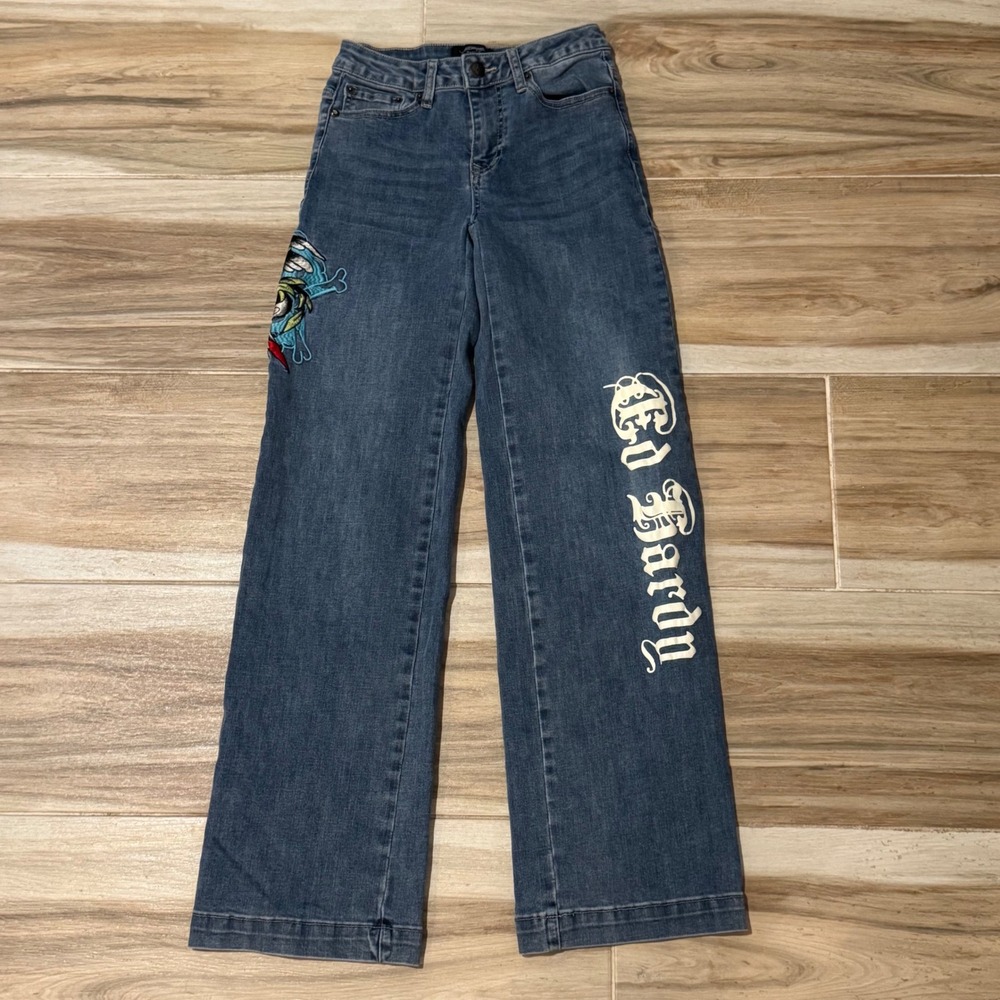 Ed Hardy Denim Y2K Wide Leg Embroidered Eagle Heart Tattoo Jeans Size 24